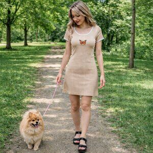 Cut & Paste Butterfly Baby Tee Ribbed Stretch Tan Mini Dress Sz S